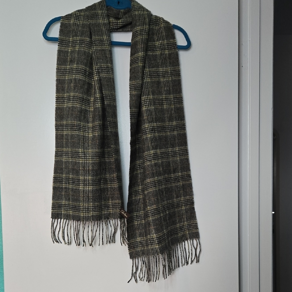 Cole Haan Plaid 100% Merino Wool Scarf - blk/gray/tan EUC 70"x12.5"